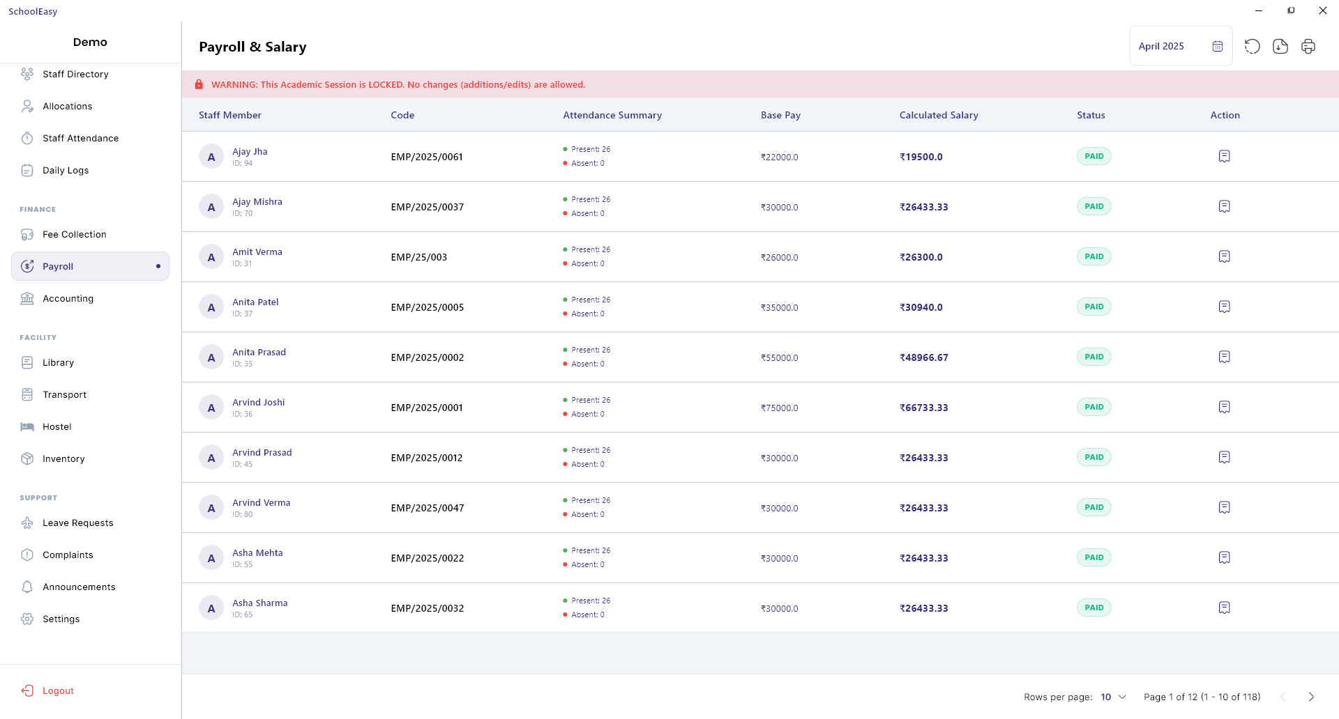 Staff Payroll Screen