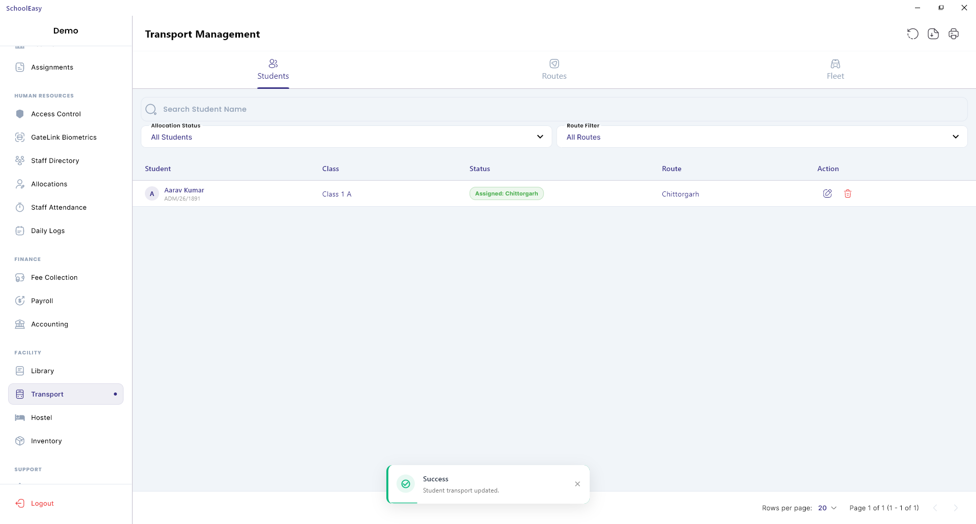 Transport Management Screen